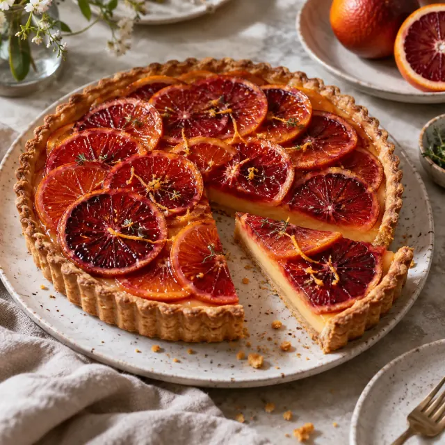 Blood-orange tart on a linen-covered bakery table