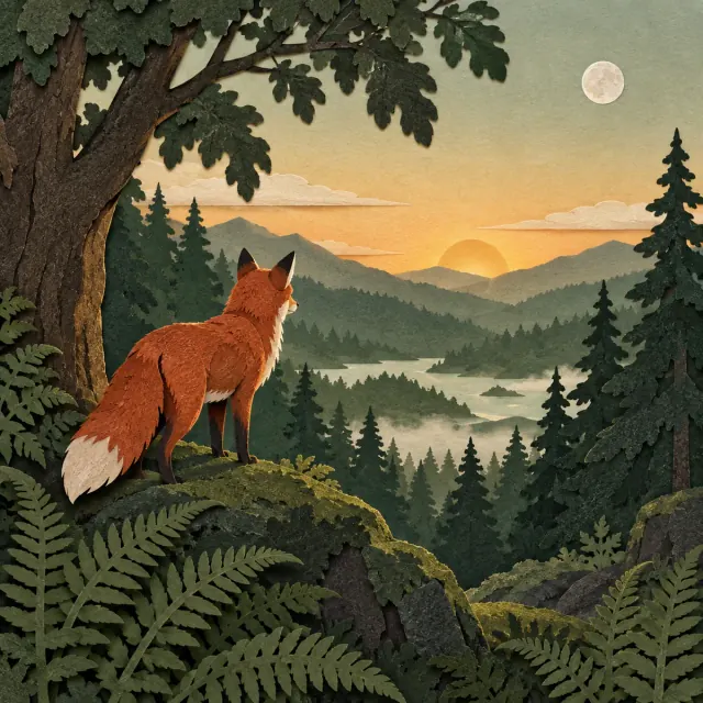 Layered paper-cut red fox in a forest