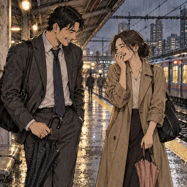 Manga illustration of two adult colleagues at a rainy train platform