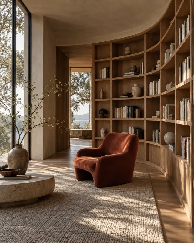 Oak reading room with a rust-red chair