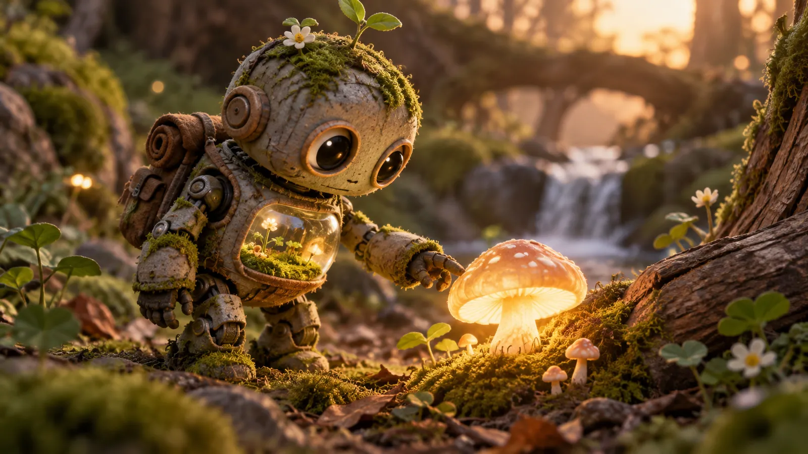 Tiny moss-covered robot beside a glowing mushroom