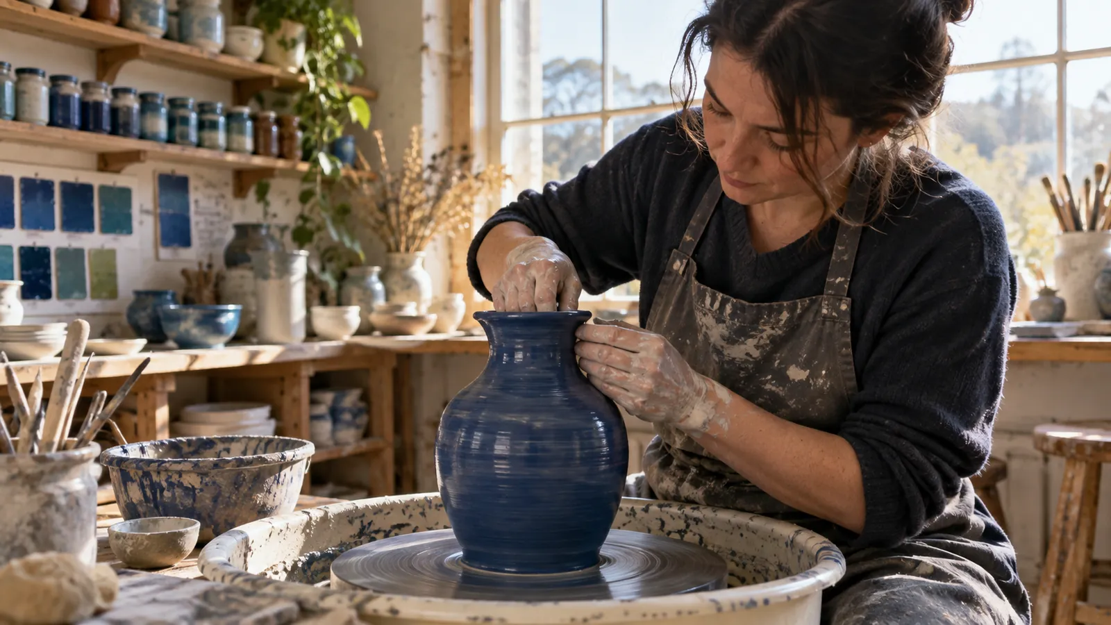 Ceramic artist shaping a cobalt vase in a sunlit studio