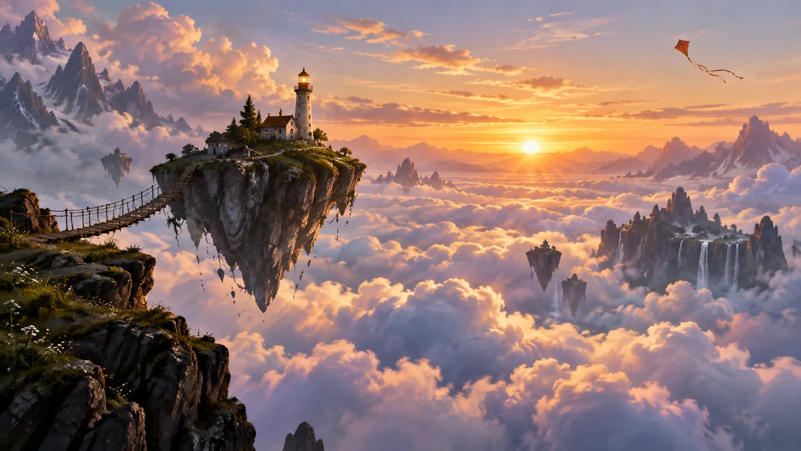 Lighthouse on a floating island above clouds