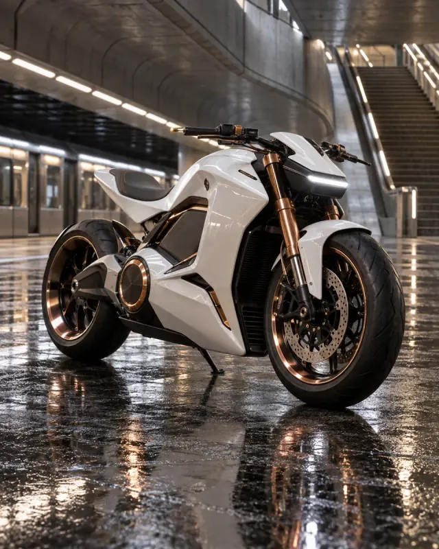 White electric motorcycle with copper accents