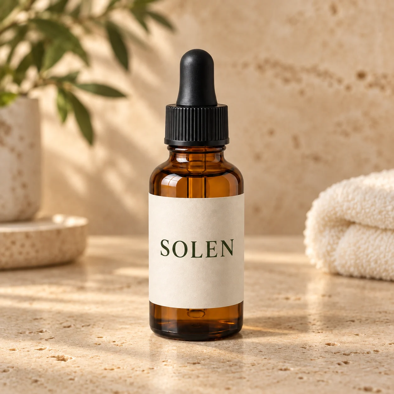 The same amber bottle presented in a branded bathroom scene