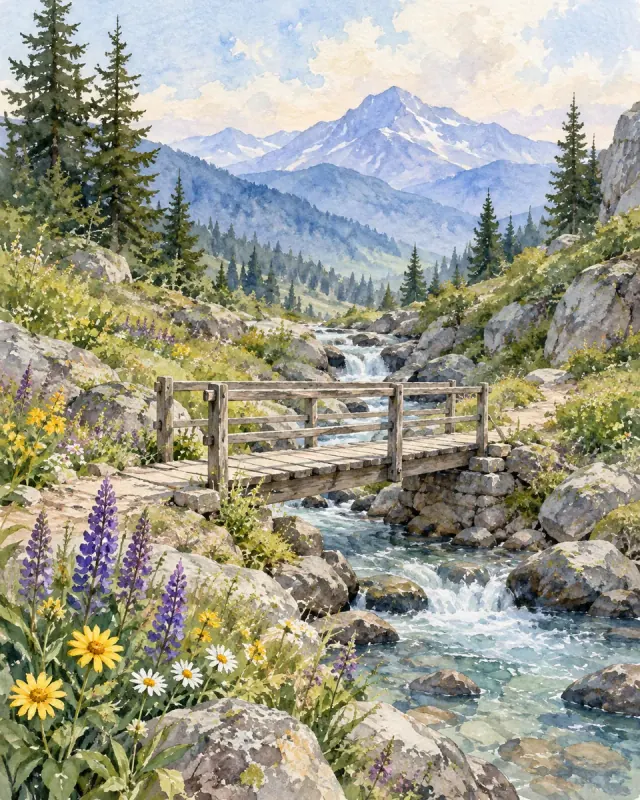 Watercolor bridge crossing a mountain stream