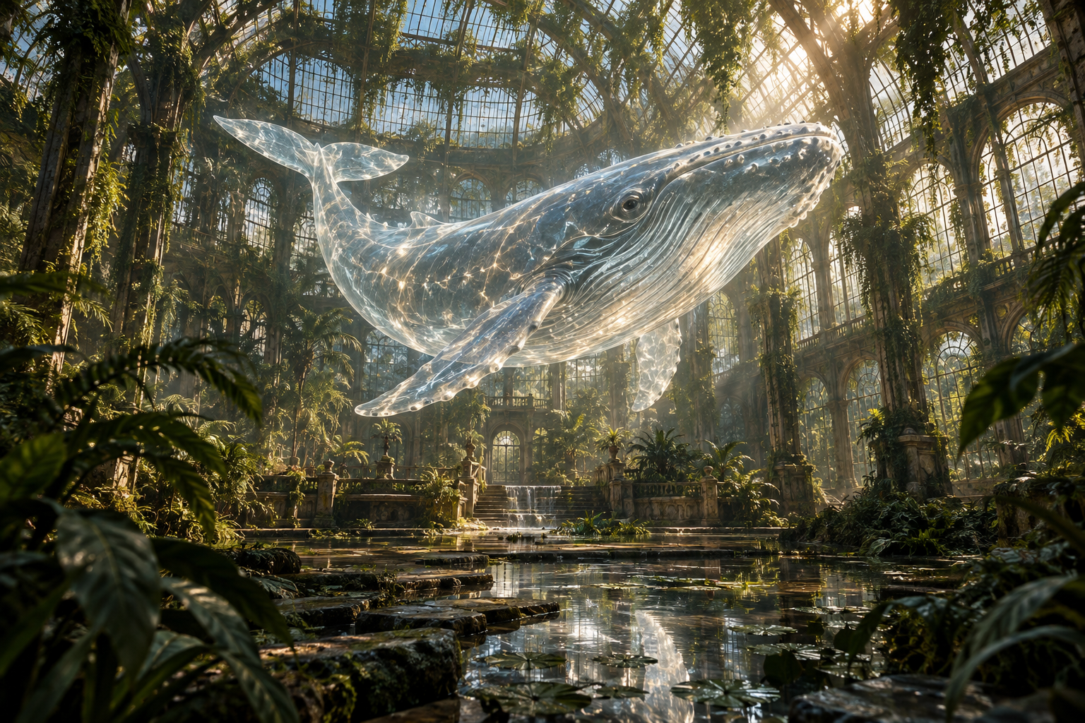 A luminous whale floating inside an overgrown glass conservatory