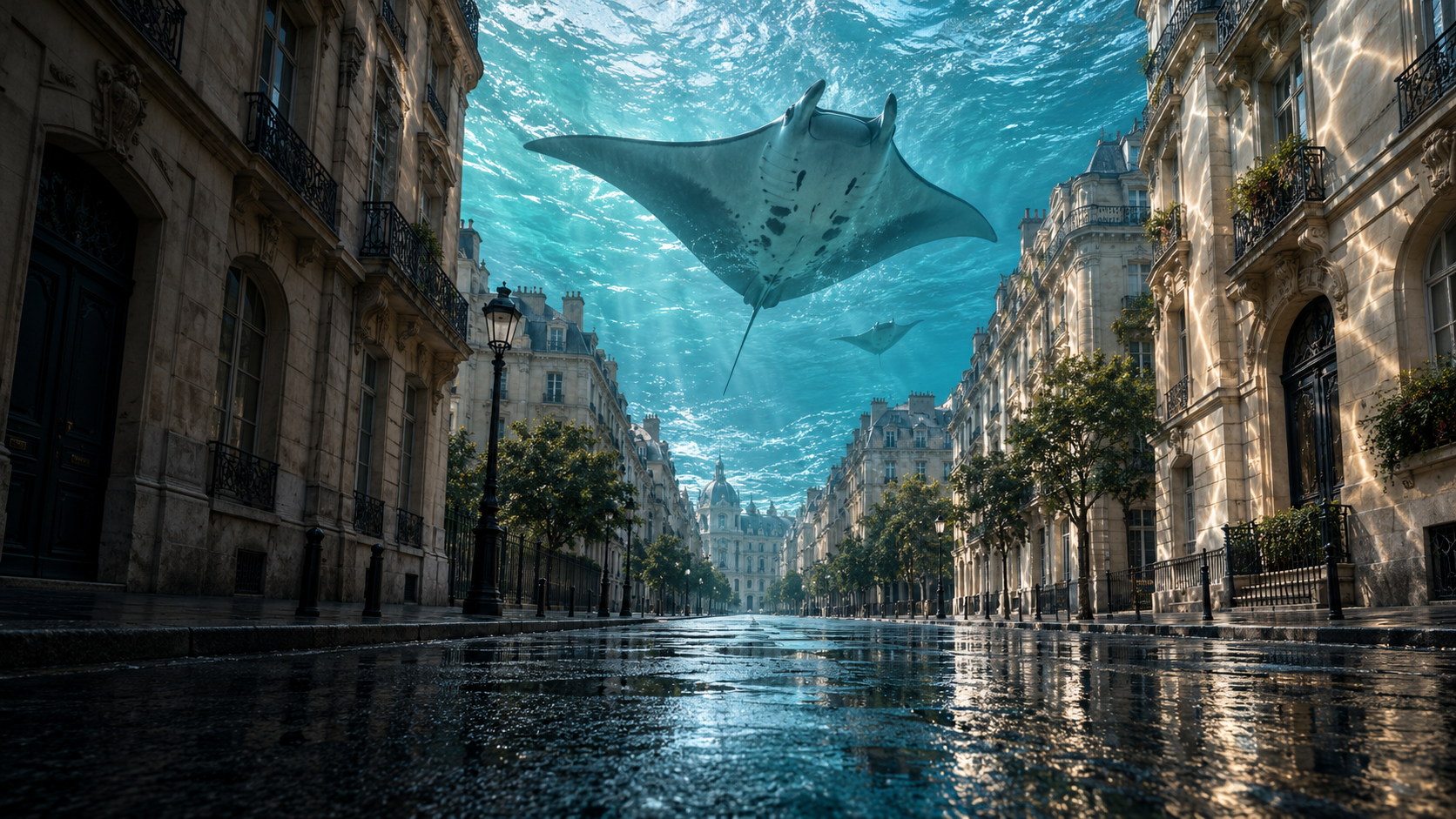 A vast turquoise ocean and manta rays suspended over a city street