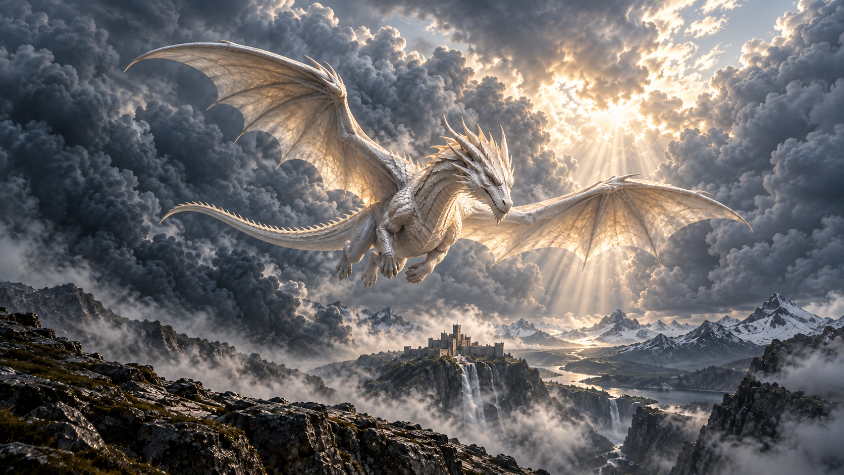 An ivory dragon spreading its wings above a mountain fortress in a storm