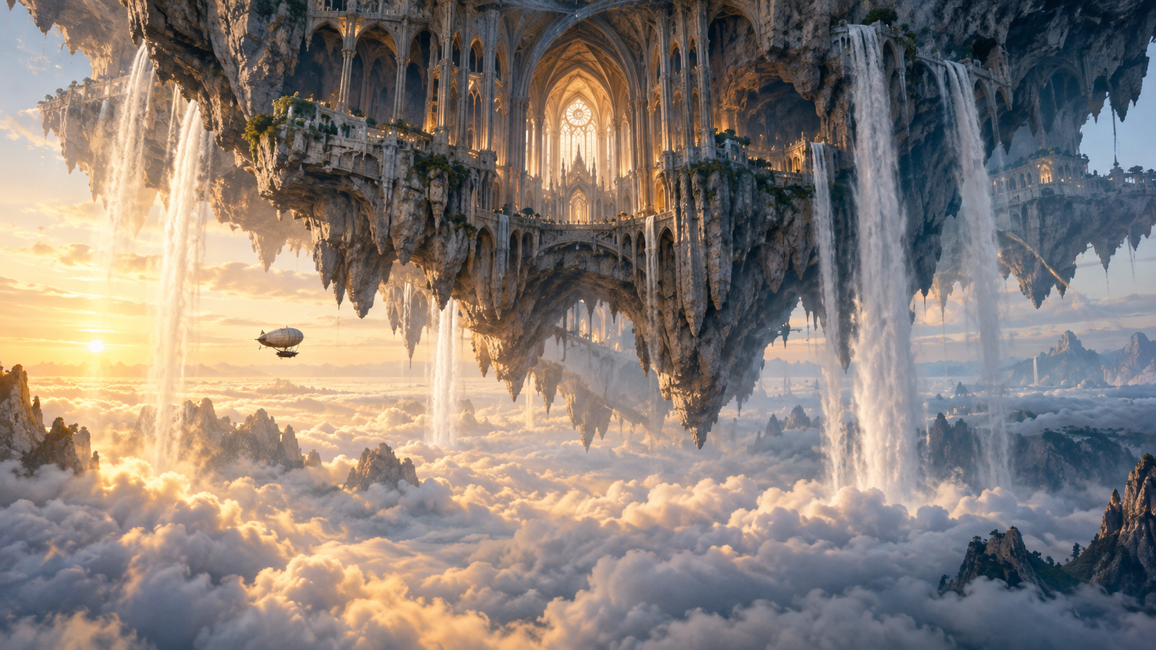 A cathedral carved into a floating mountain above the clouds