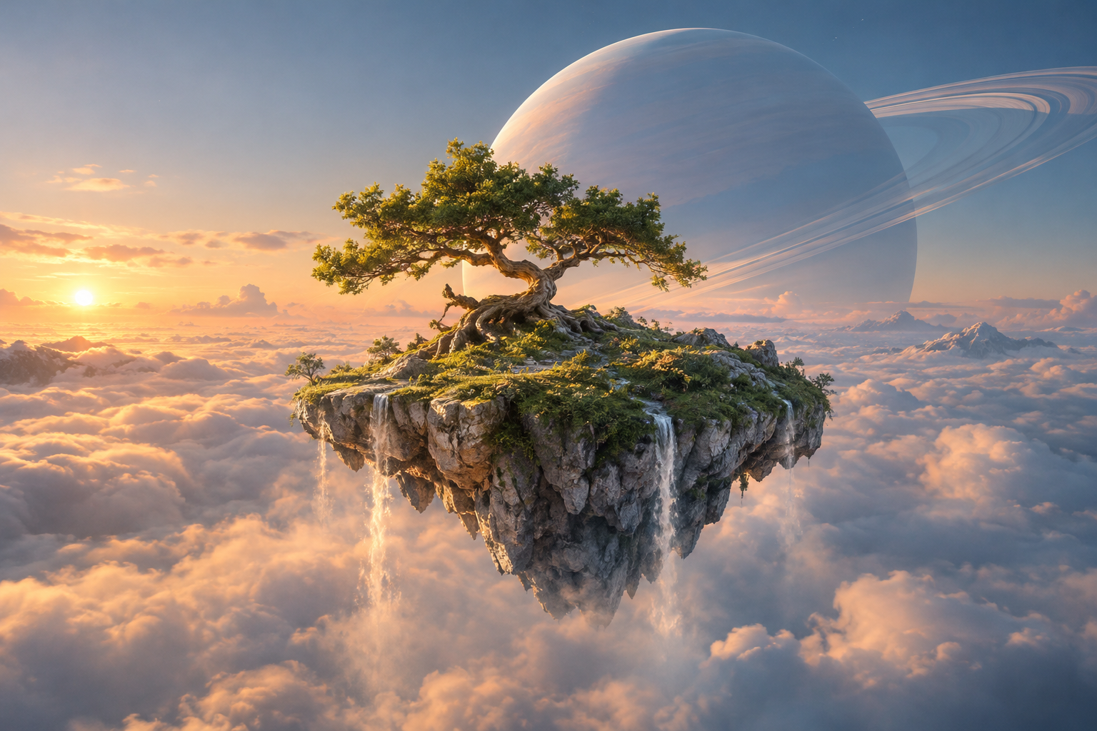 A floating island and ancient tree beneath a ringed planet